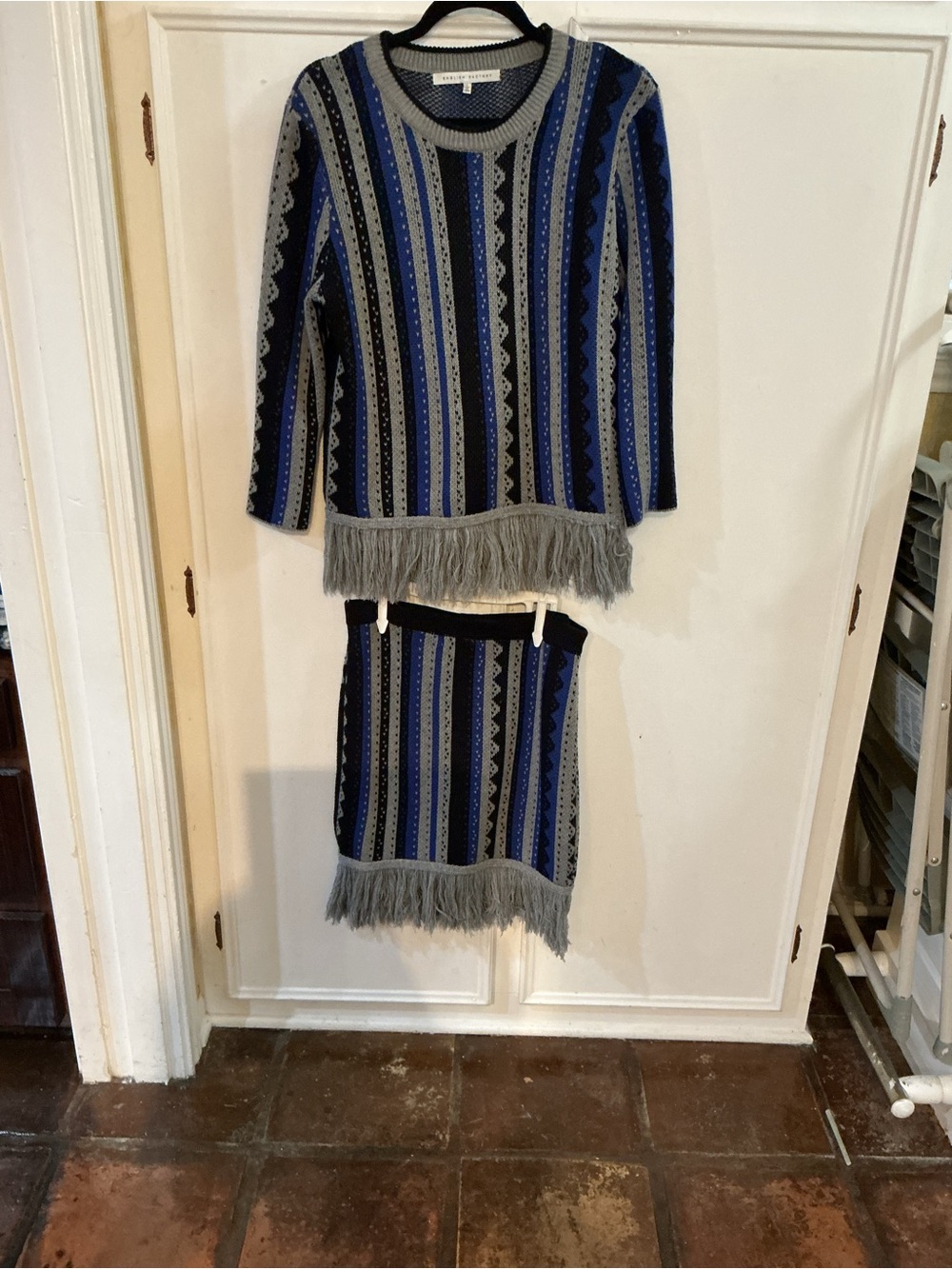 English Factory Blue and Gray Striped Fringe Sweater Set